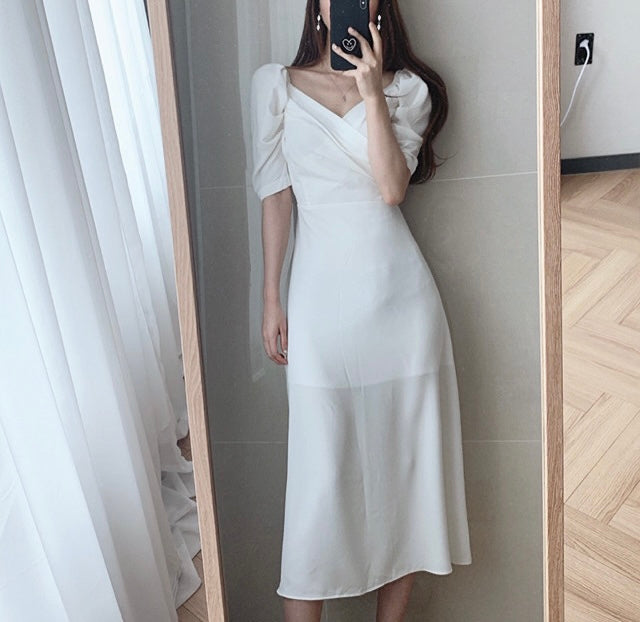 Sweetheart Neckline Puffed Sleeve Midi Dress – MyDearCloset