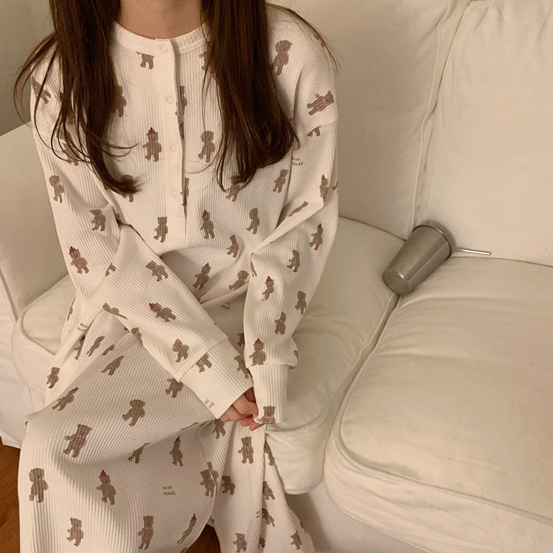 Korean Style Teddy Bear Print Long Sleeve Pajama Dress – MyDearCloset