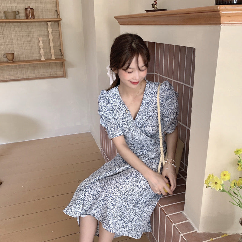 Korean Style Floral Printed V-Neck Wrap Dress – MyDearCloset