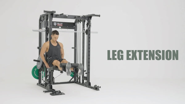a man doing leg extension with a Major Fitness Smith machine