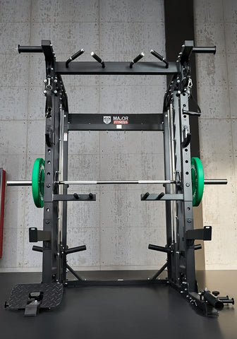 front view of major fitness smith machine b52 and 35lb plates