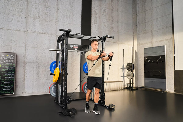 strength training cable exercise on a Smith machine, demonstrating effective upper body workout techniques