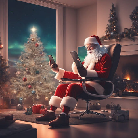 Père Noël moderne avec son téléphone et sa tablette, sur Whatsapp en visio