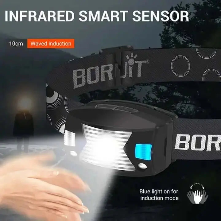 BORUIT headlamp with infrared smart sensor for waved induction in the dark.