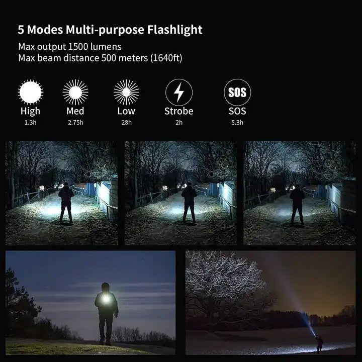 Lampe de poche à 5 modes présentant différents niveaux de luminosité et SOS, éclairant jusqu'à 500 m avec un maximum de 1 500 lumens.