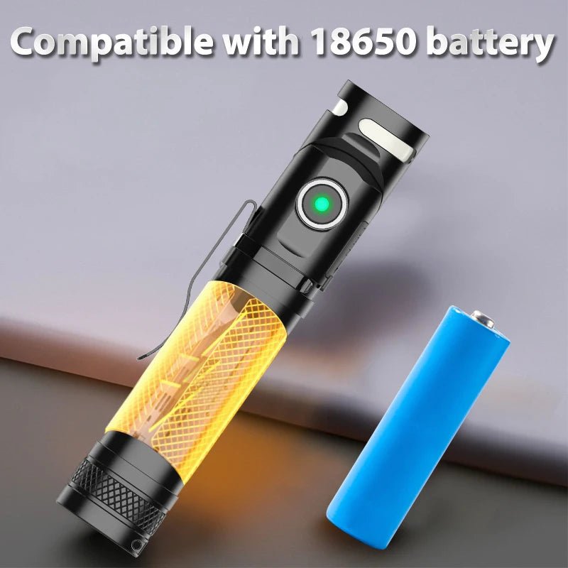 LED flashlight with 18650 battery compatibility and internal components.