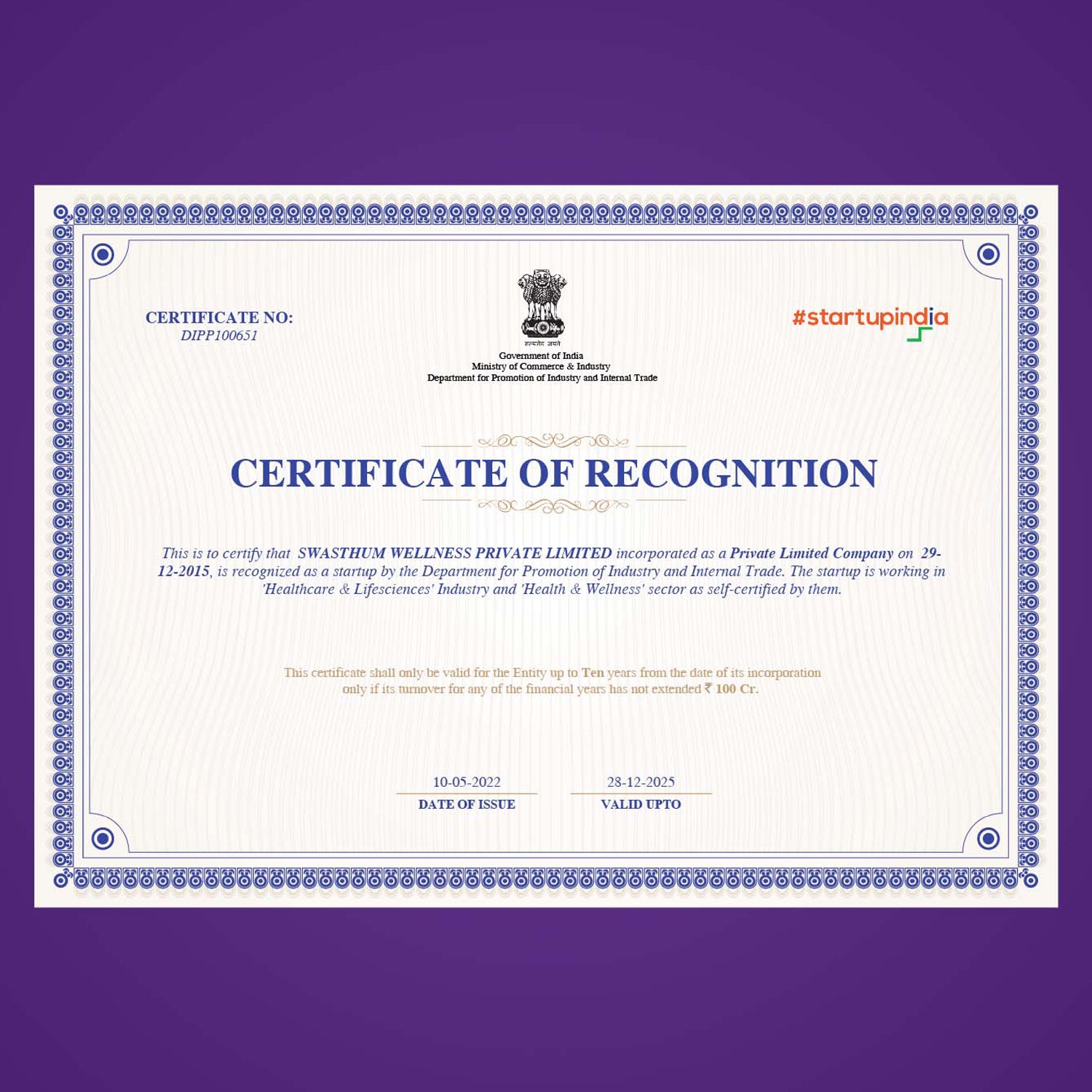 Startup certificate