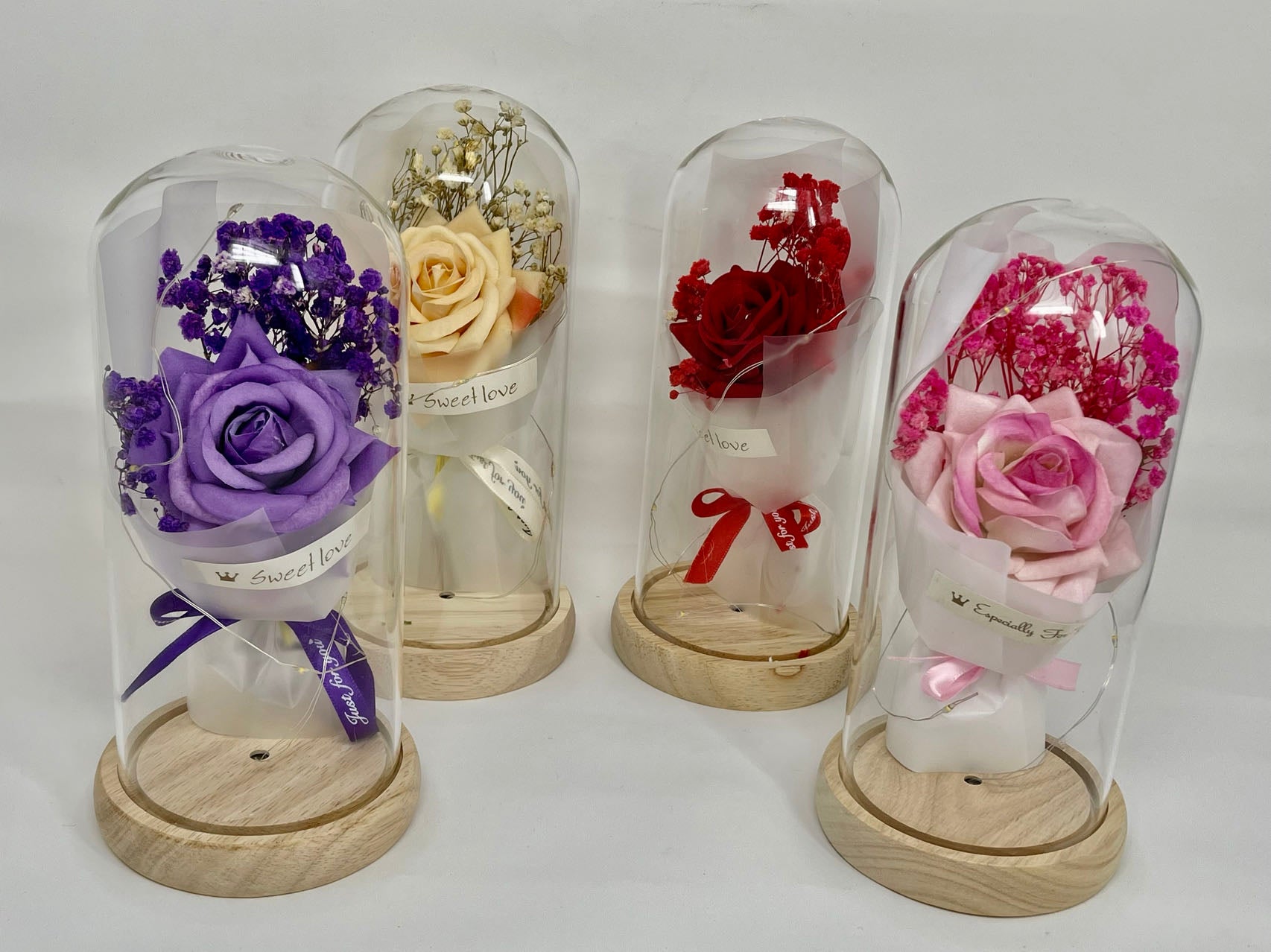 LED Light Up Glass Cover Rose Flower Baby's Breath Flower