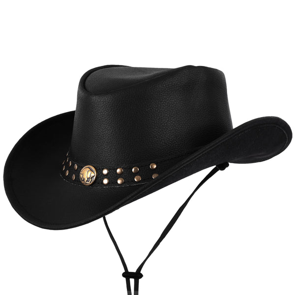 Genuine Black Leather Western Style Cowboy Hat with Conchos Band - XL / Black