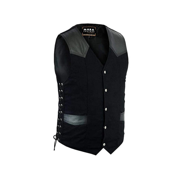 Men's Black Denim Club Vest With Genuine Leather Trim & Hidden Zipper –  MARA Leather