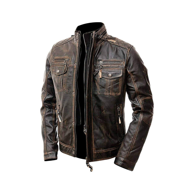 Men's Cafe Racer Distressed Brown Motorcycle Genuine Leather Jacket ...