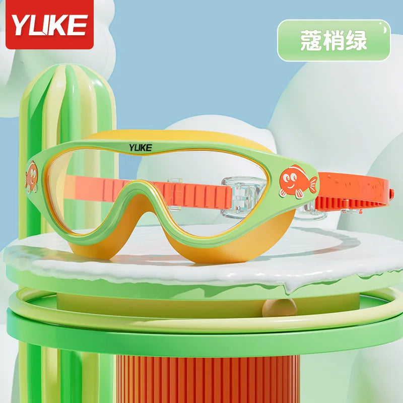 Kid's Swimming Goggles Waterproof and Anti Fog HD Diving Goggles Boys Girls Transparent Large Frame Professional Swim Equipment-Green And Orange