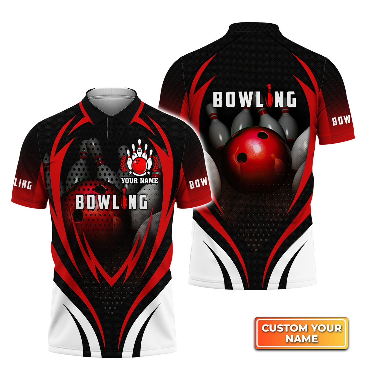 Bowling With Red Ball and Bowl Pins Personalized Name 3D Polo Shirt Gi ...