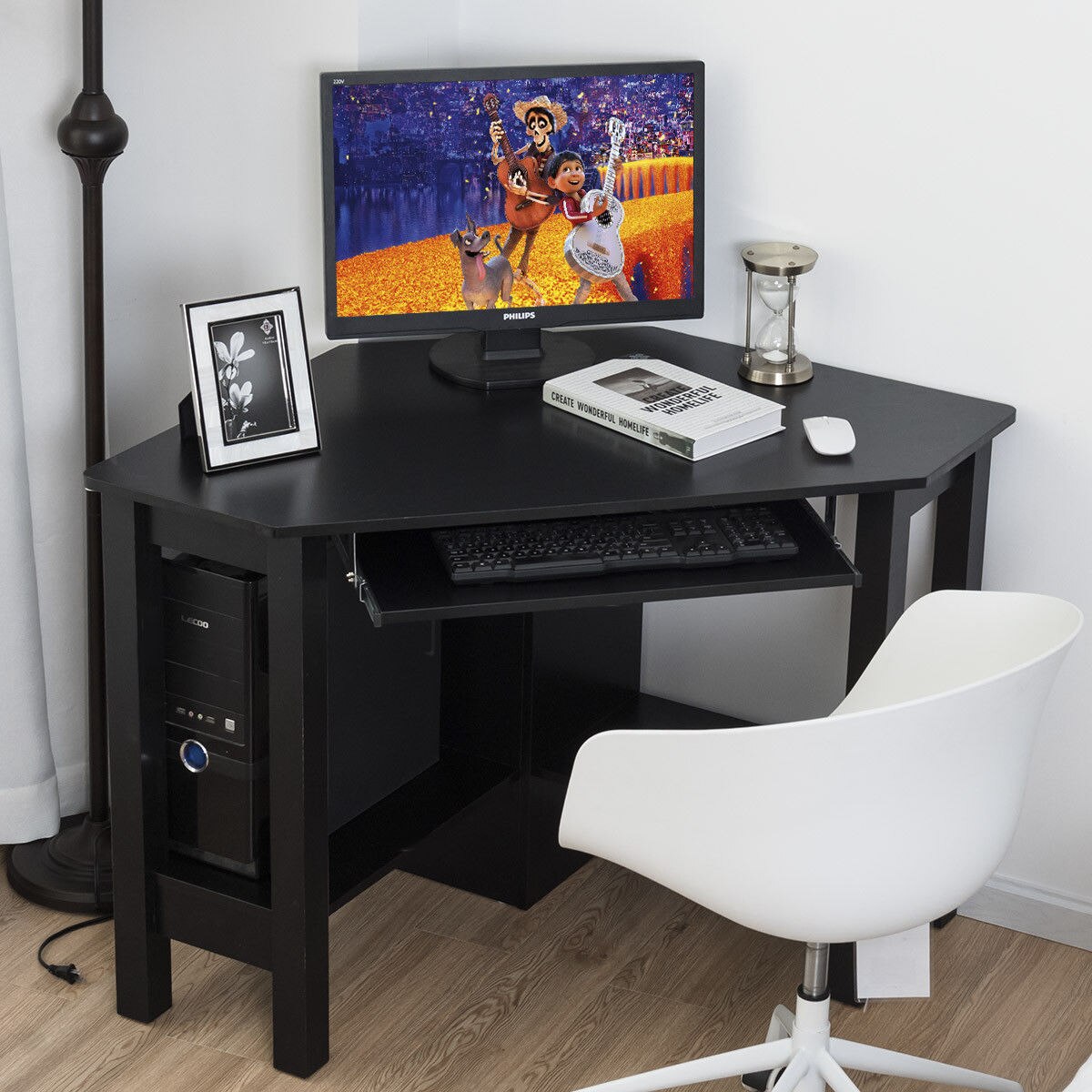 Black Wooden Corner Desk With Drawer Computer PC Table Study Office Room