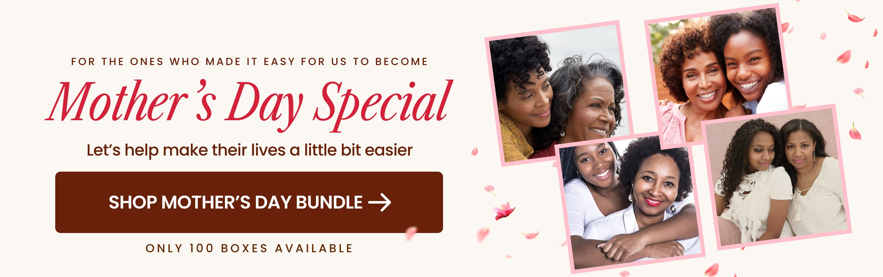 Mother's Day promotional banner with photos of smiling women and a 'Shop Mother's Day Bundle' call-to-action.
