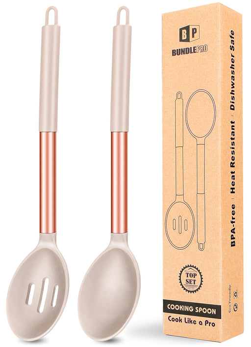 2 Pack Large Silicone Cooking Spoon, Non-Stick Slotted and Solid Spoon set  with Deep Bolw and Measurement Mark for Mixing, Serving, Draining