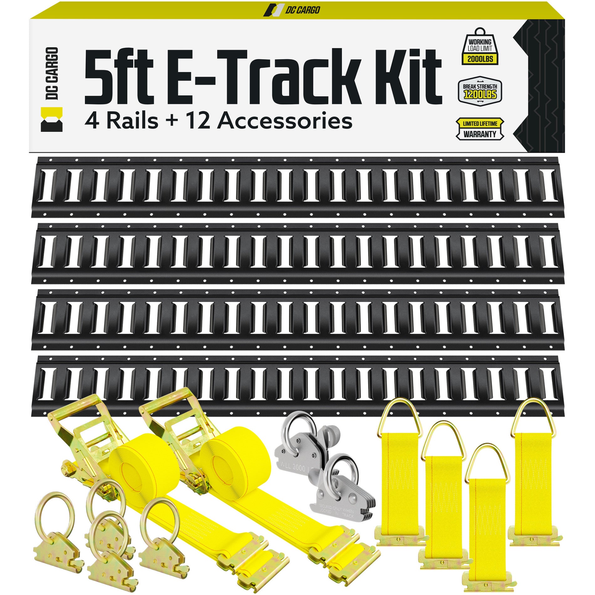 5' Black E track Kit - 4 Rails + Tie-down Accessories - 24 Pcs