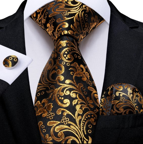 Luxury Gold Floral Tie Set in Black – Masculine Clothes