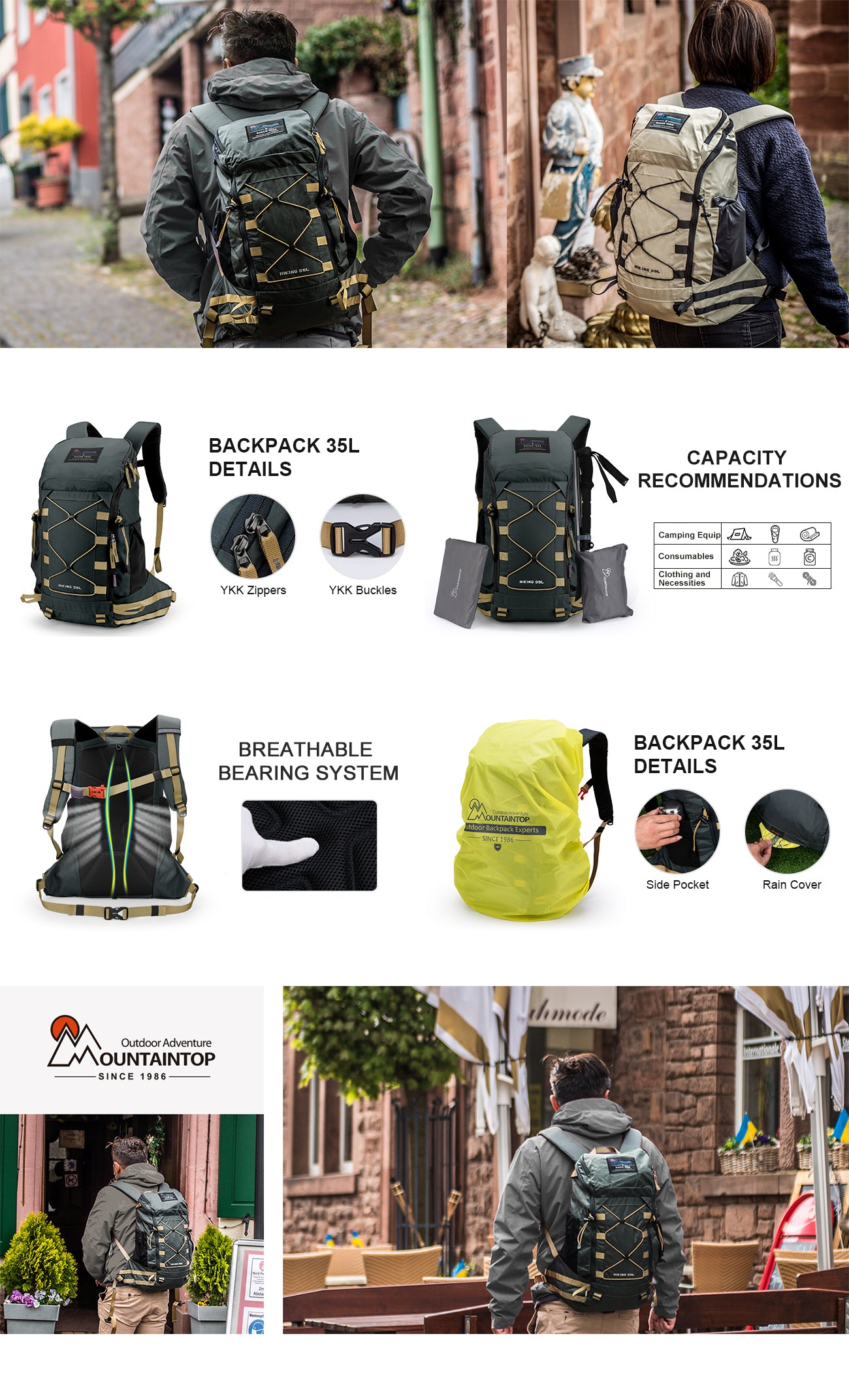 Mountaintop Hiking Backpacks Women Men for Outdoor Camping 35L Hiking Bag  with Rain Cover