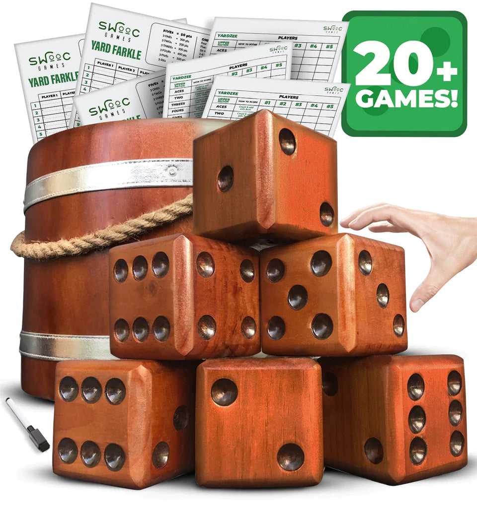 Promotional image of Yardzee & Farkle Giant Dice Set with game card in the background a fun game for two people