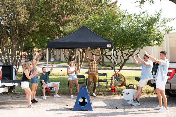 Friends playing TowerBall, a Four-Sided, 360 Degree Toss game that combines cornhole and darts