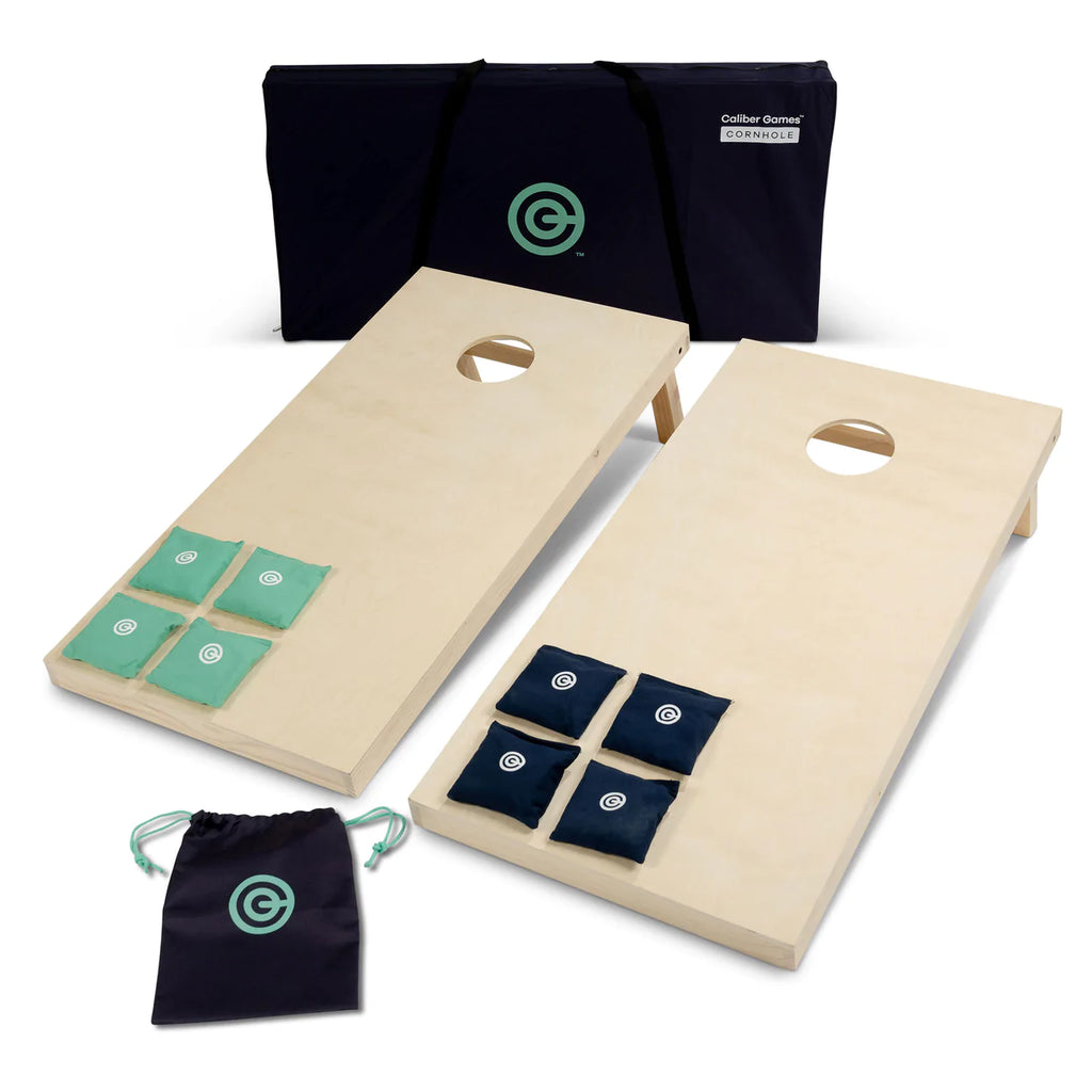 =Promotional image of Cornhole game showing boards, bean bags & storage bag