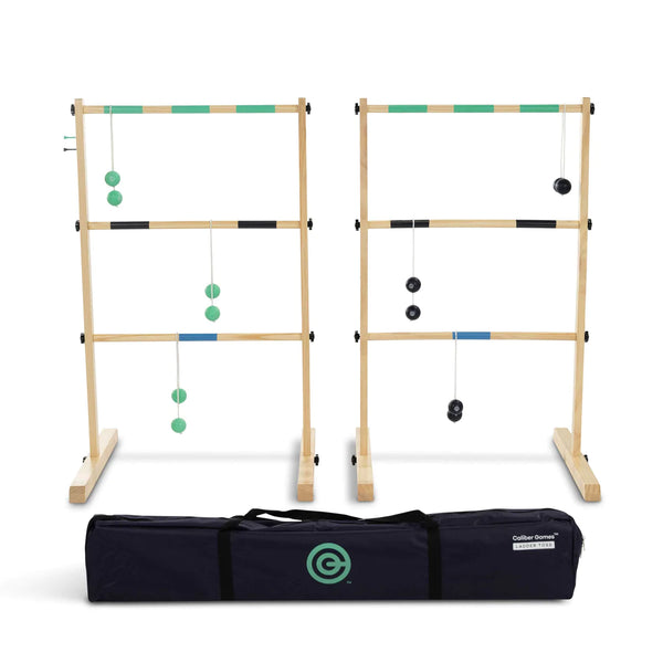 Promotional image of 2 Ladder Toss's upright ladder-shaped targets with 3 bolas on each ladder