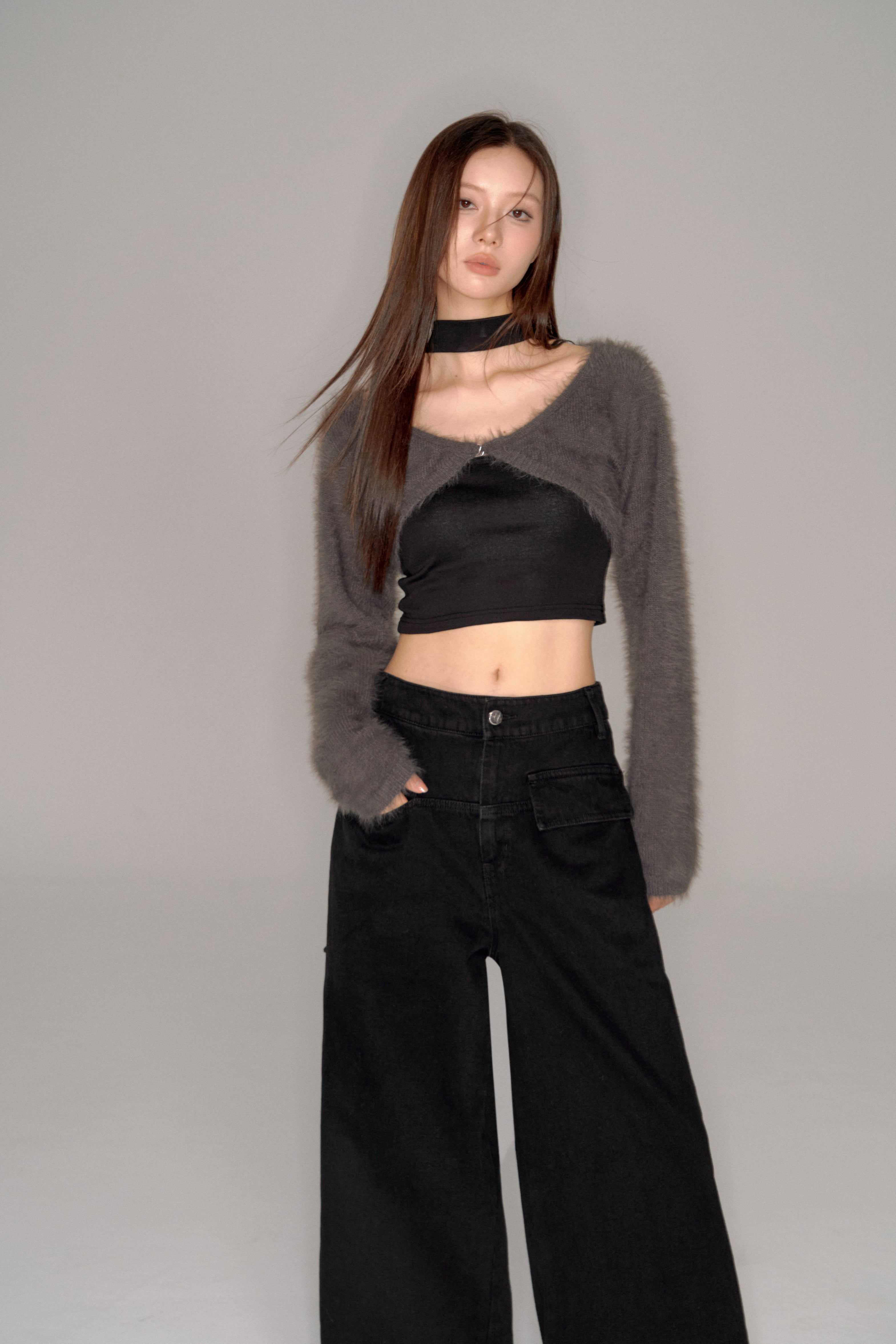 andwang shaggy cropped cardigan set