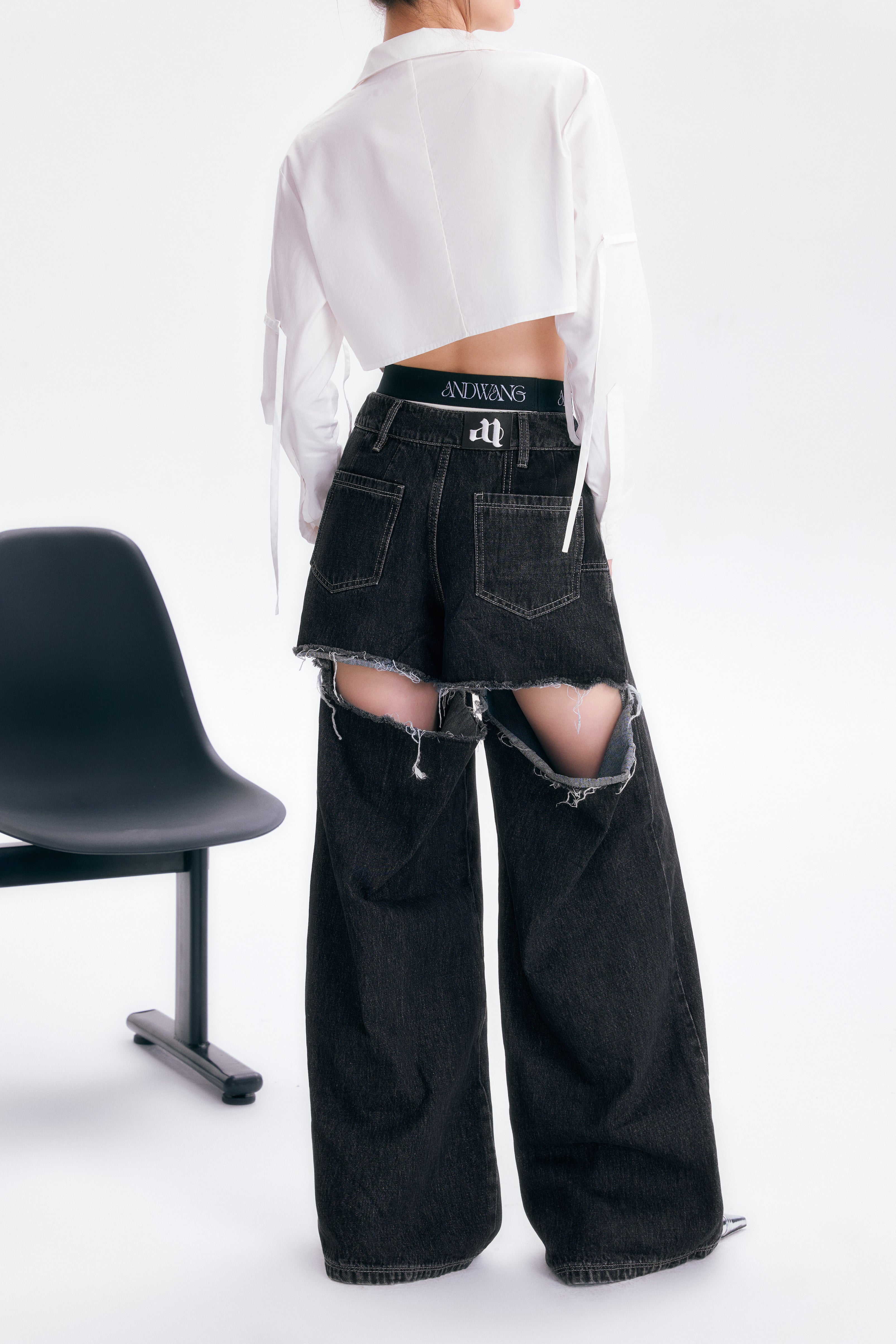 back cutout denim pants (black×black)