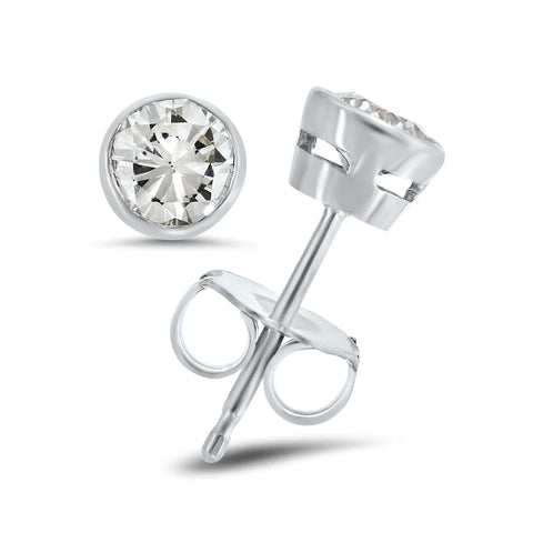 bezel set round brilliant cut diamond stud earrings
