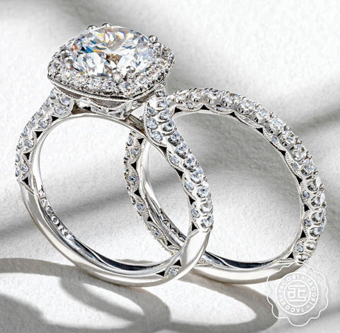 a petite crescent engagement ring and matching wedding band
