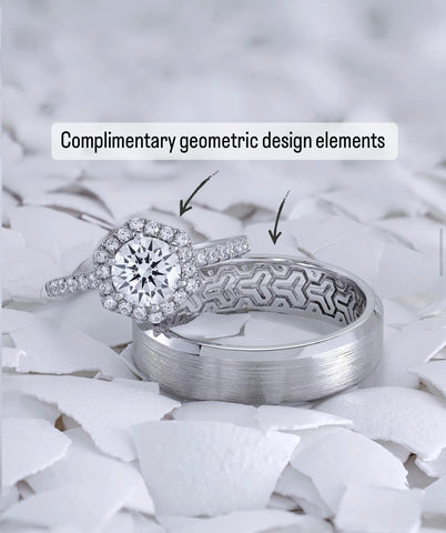 A geometric diamond halo engagement ring and a mens band with a geometric interior