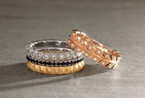 stacking bands in white gold, yellow gold and rose gold