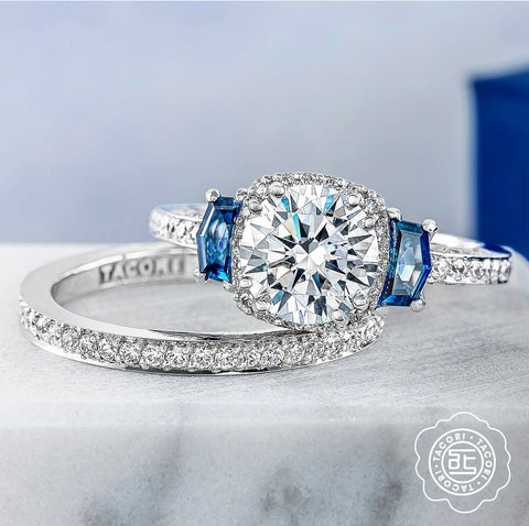 a diamond and sapphire engagement ring