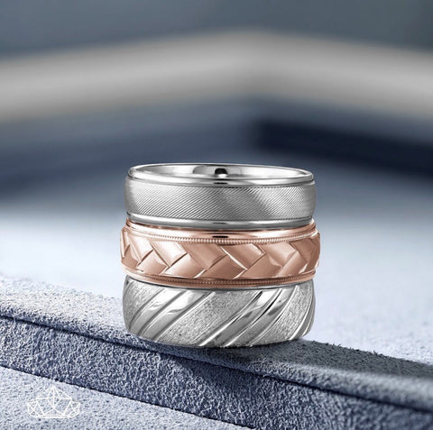 mens carved wedding bands in rose gold and white gold