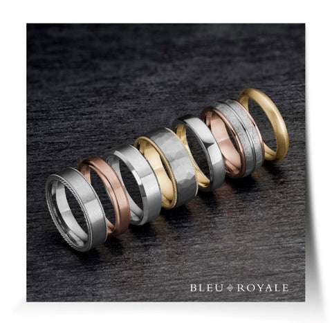 a variety of wedding bands in yellow gold, white gold and rose gold