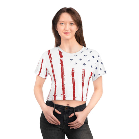 a woman in a womens patriotic shirt with the american flag