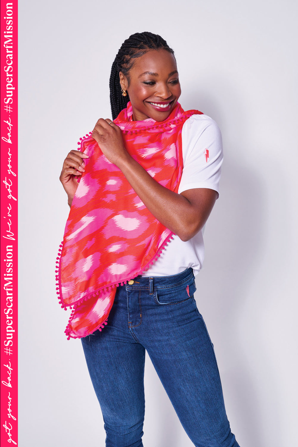 Red with Hot Pink and Pale Pink Leopard Ikat Charity Super Scarf