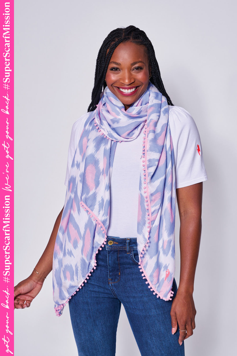 White with Pale Blue and Pale Pink Leopard Ikat Charity Super Scarf