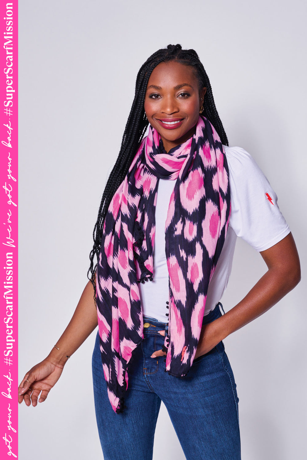 Black with Hot Pink and Pink Leopard Ikat Charity Super Scarf