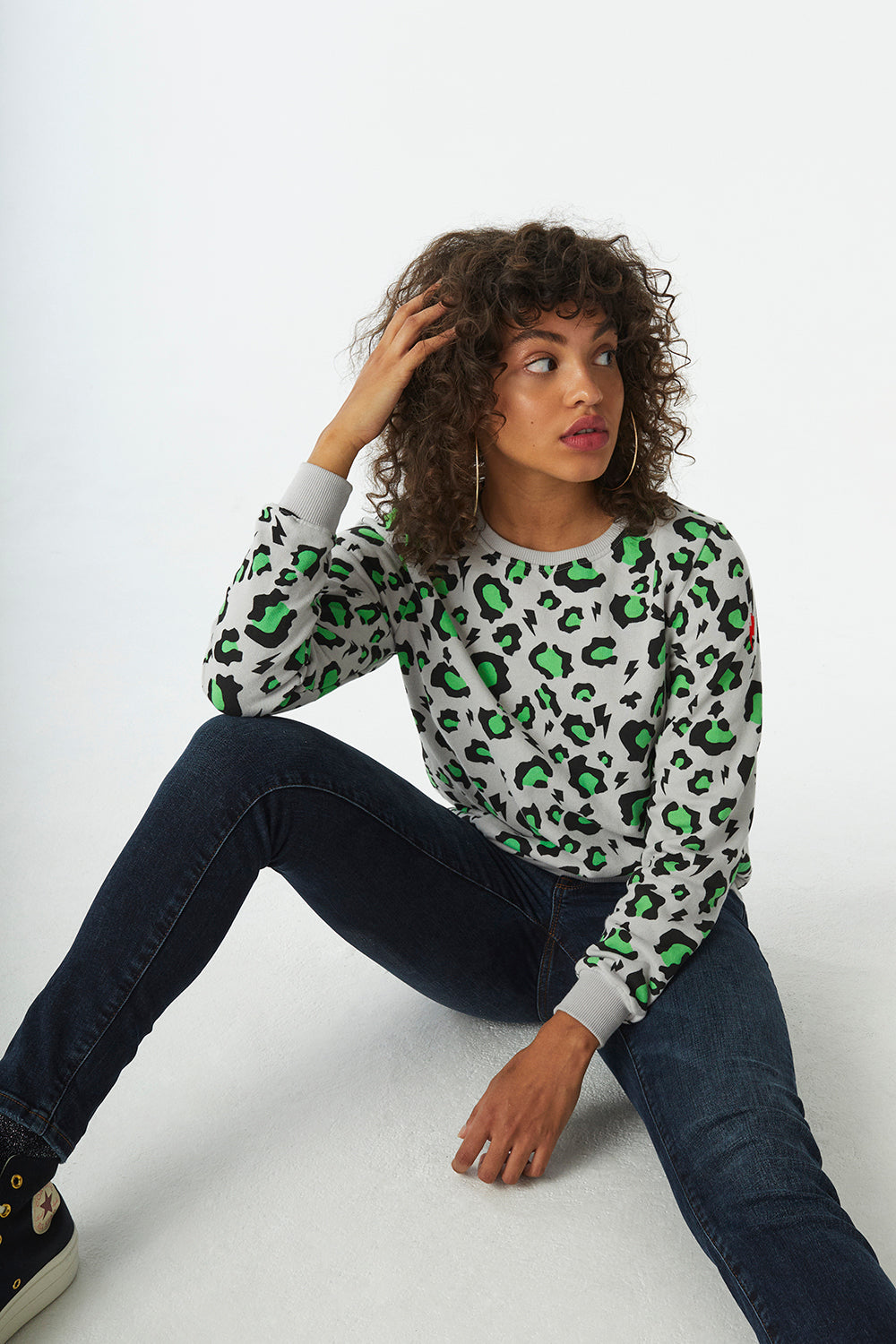 Pale Grey with Neon Green and Black Snow Leopard Sweatshirt