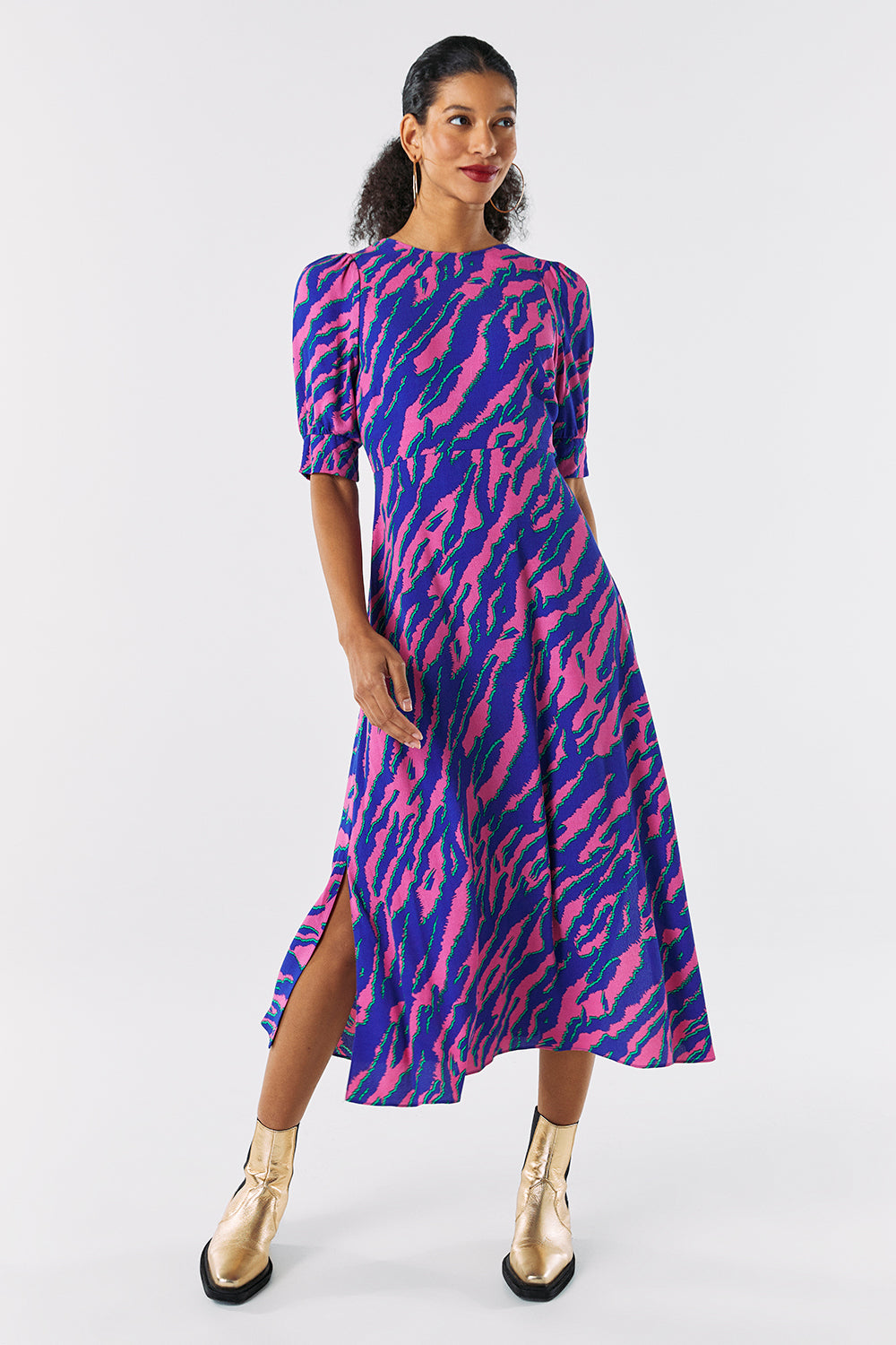 Pink with Blue and Green Shadow Tiger V-Back Midi Dress