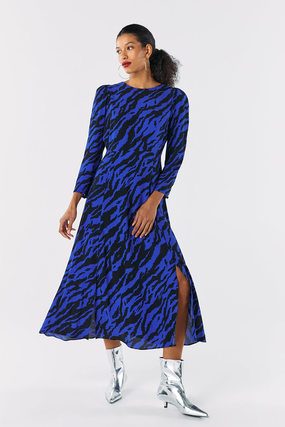 Blue with Black Shadow Tiger Split Hem Midi Dress