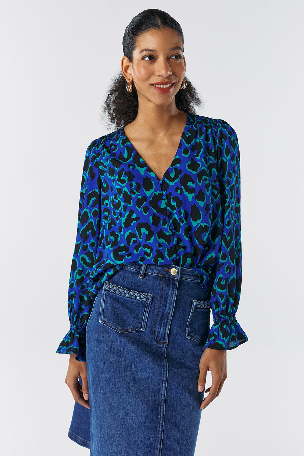 Electric Blue with Black and Green Shadow Leopard Flute Sleeve Blouse