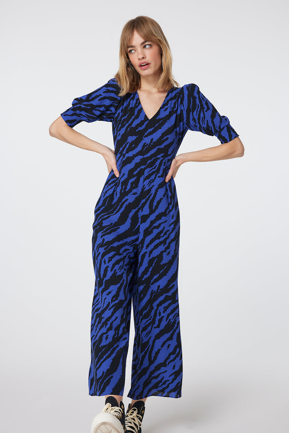 Electric Blue with Black Shadow Tiger V-Neck Jumpsuit
