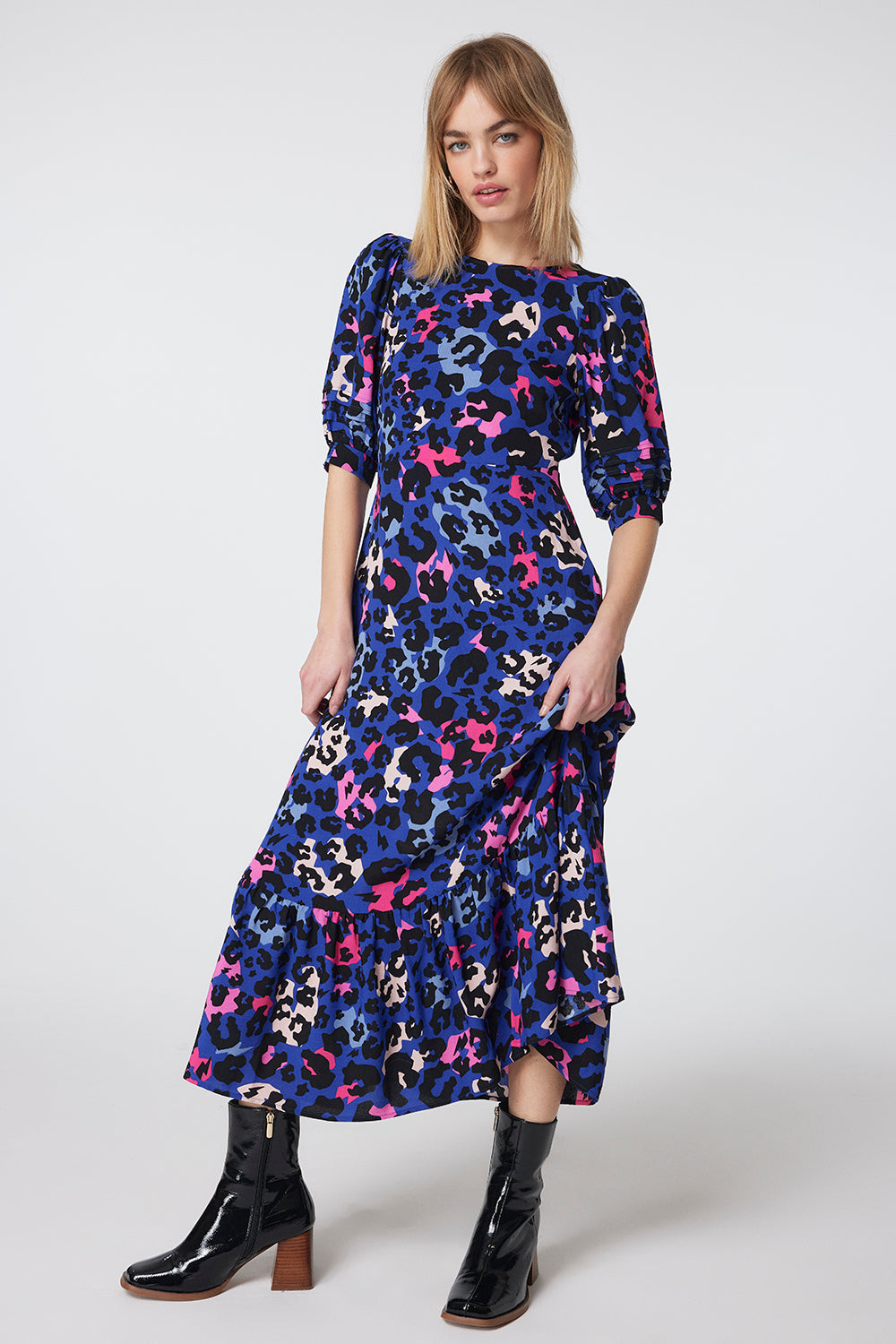 Bright Blue with Pink and Black Mixed Leopard Pintuck Puff Sleeve Midi Dress