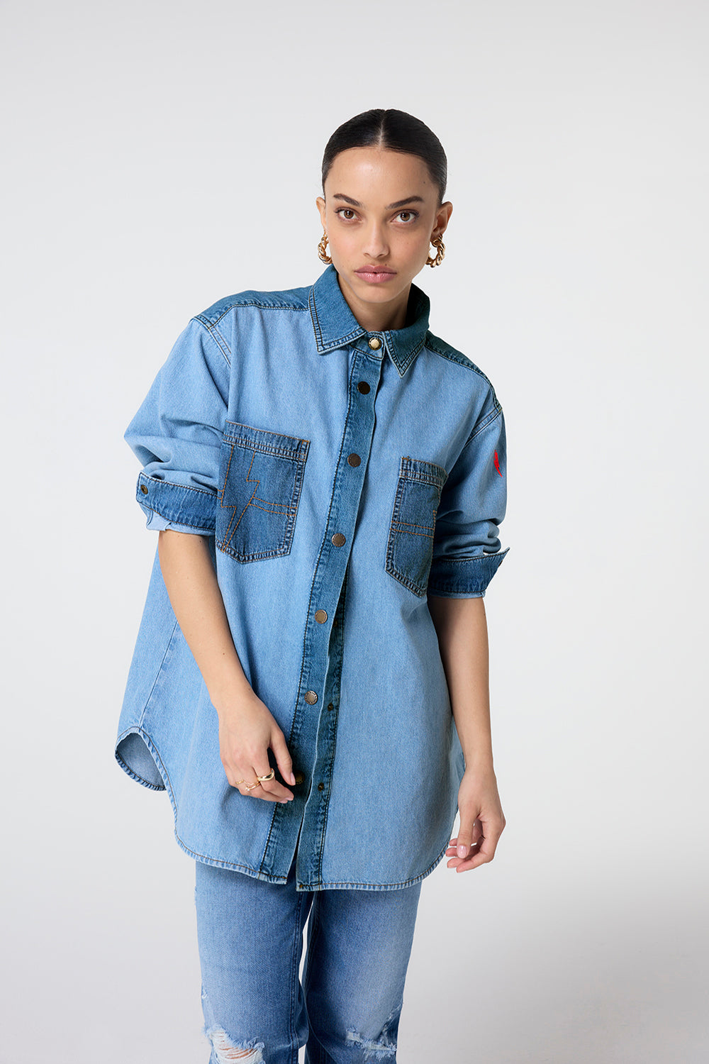 Mixed Wash Indigo Oversized Denim Shirt