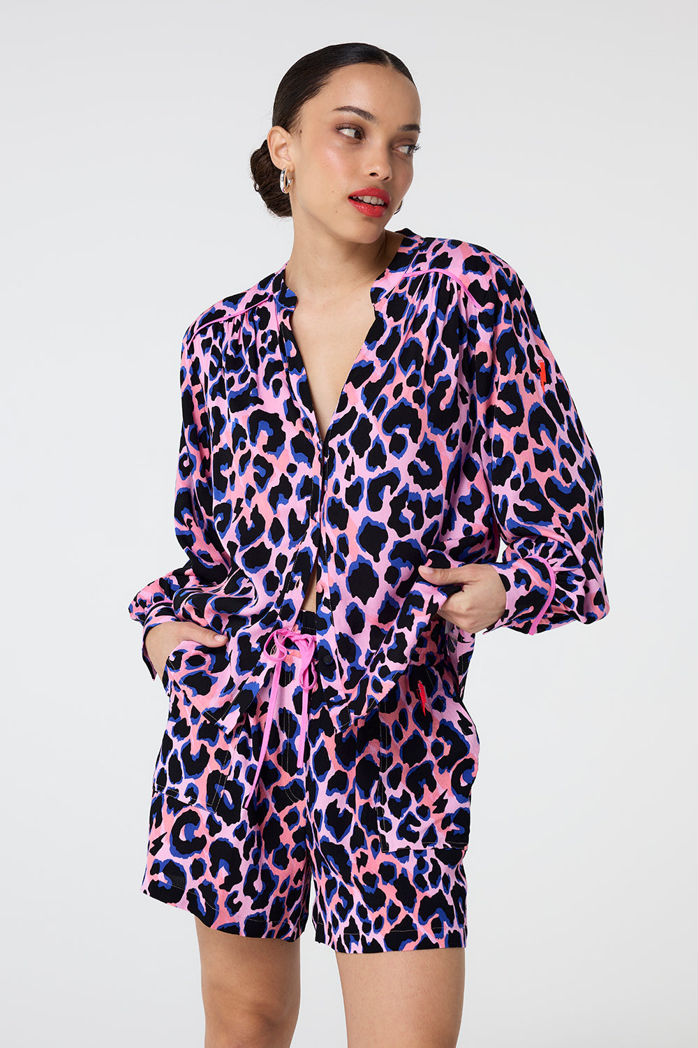 Pink with Blue and Black Shadow Leopard Collarless Shirt