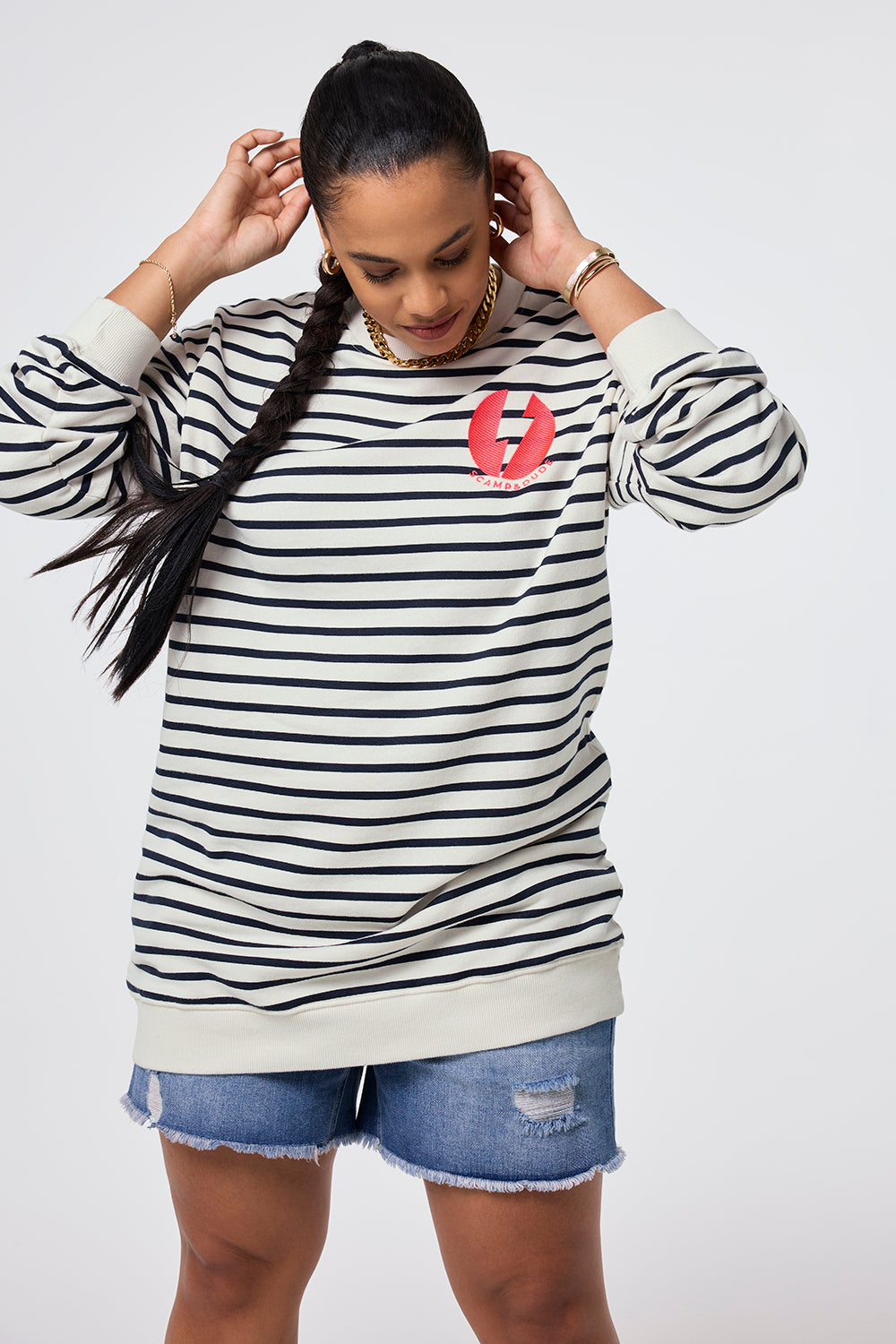 Ivory with Navy Stripe Placement Bolt Graphic Oversized Tunic