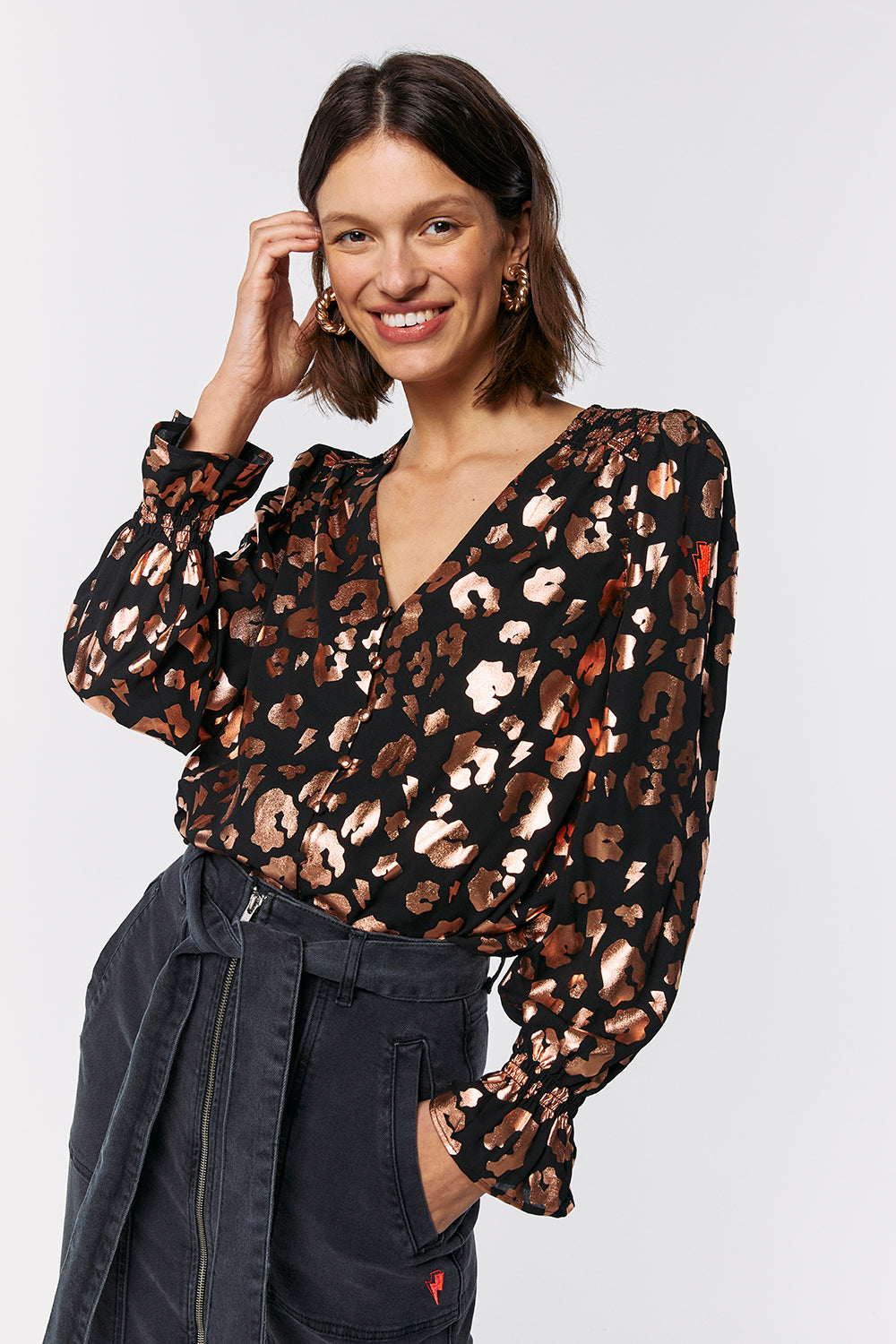 Black with Rose Gold Foil Leopard Flute Sleeve Blouse